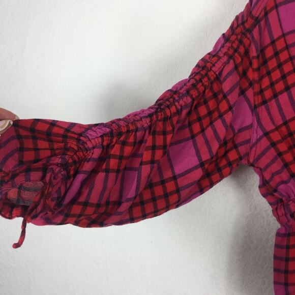 Free People Pacific Dawn Red Pink Drawstring Plaid Shirt Medium - Picture 9 of 14